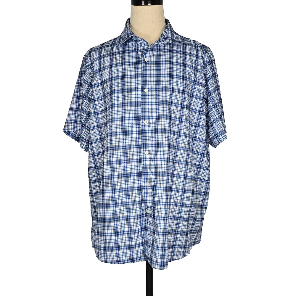 Chaps Mens Shirt Blue & White Plaid Short Sleeves Button Down Stretch XXL